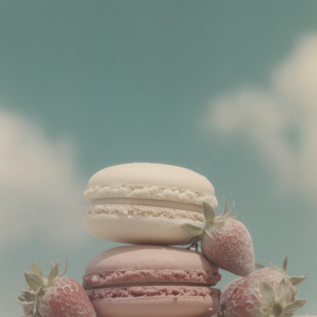 Two stacked macarons and scattered strawberries positioned against an expansive, dusty teal sky with soft, diffuse white clouds. The confections form a central tower, featuring two round macarons with smooth domed tops and textured ruffled edges rendered in muted, creamy off-white and faded dusty rose tones. Small strawberries with desaturated, washed-out red skins and pale olive-green leafy calyxes rest at the base and delicately lean against the pastel cookies. The arrangement is captured from a slightly low camera angle, isolating the subjects within the vast, open environment. Soft, hazy, diffused sunlight bathes the scene, creating low-contrast, gentle shadows. The rendering mimics analog 35mm film photography, heavily defined by a dreamy, surreal aesthetic, pronounced film grain, an overarching desaturated pastel color palette, and a slightly soft focus that merges the organic textures of the fruit and pastries with the atmospheric, ethereal background.