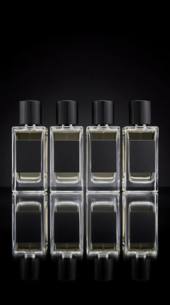 Four identical rectangular glass perfume bottles stand perfectly aligned on a highly reflective glossy dark surface against a pitch-black background. Each vessel features a thick clear glass base holding faintly golden liquid, an opaque matte black rectangular label on its face, and a deeply ridged cylindrical black cap. Crisp studio lighting casts sharp white highlights along the vertical edges of the glass and textured caps. The mirrored surface beneath captures flawless symmetrical reflections of the lineup. The symmetrical composition utilizes a straight-on eye-level camera angle to emphasize the minimalist geometric silhouettes typical of high-end luxury product photography.