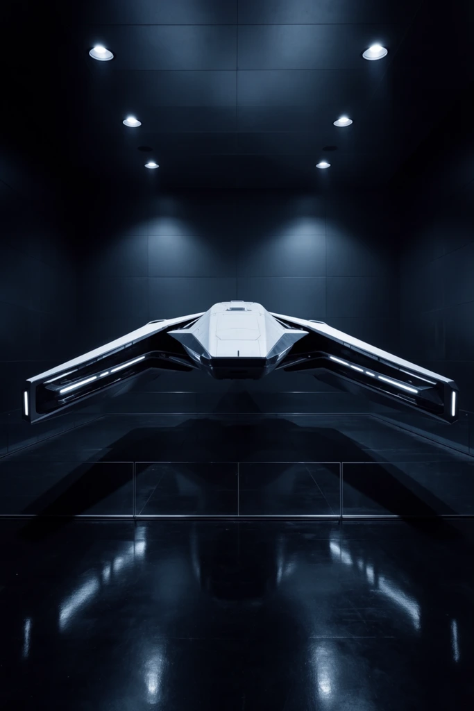 A sleek, angular futuristic spacecraft hovers symmetrically in a dark, highly reflective hangar. The vessel features a stark white central hull and downward-sloping wings accented by glowing linear lights. A glossy black floor reflects the craft behind a minimalist glass partition. Dark paneled walls enclose the space, illuminated by four recessed circular ceiling lights casting dramatic, high-contrast pools of illumination onto the ship. The cinematic wide-angle composition utilizes a cool, monochromatic dark blue and charcoal palette, emphasizing sharp geometry and deep shadows.