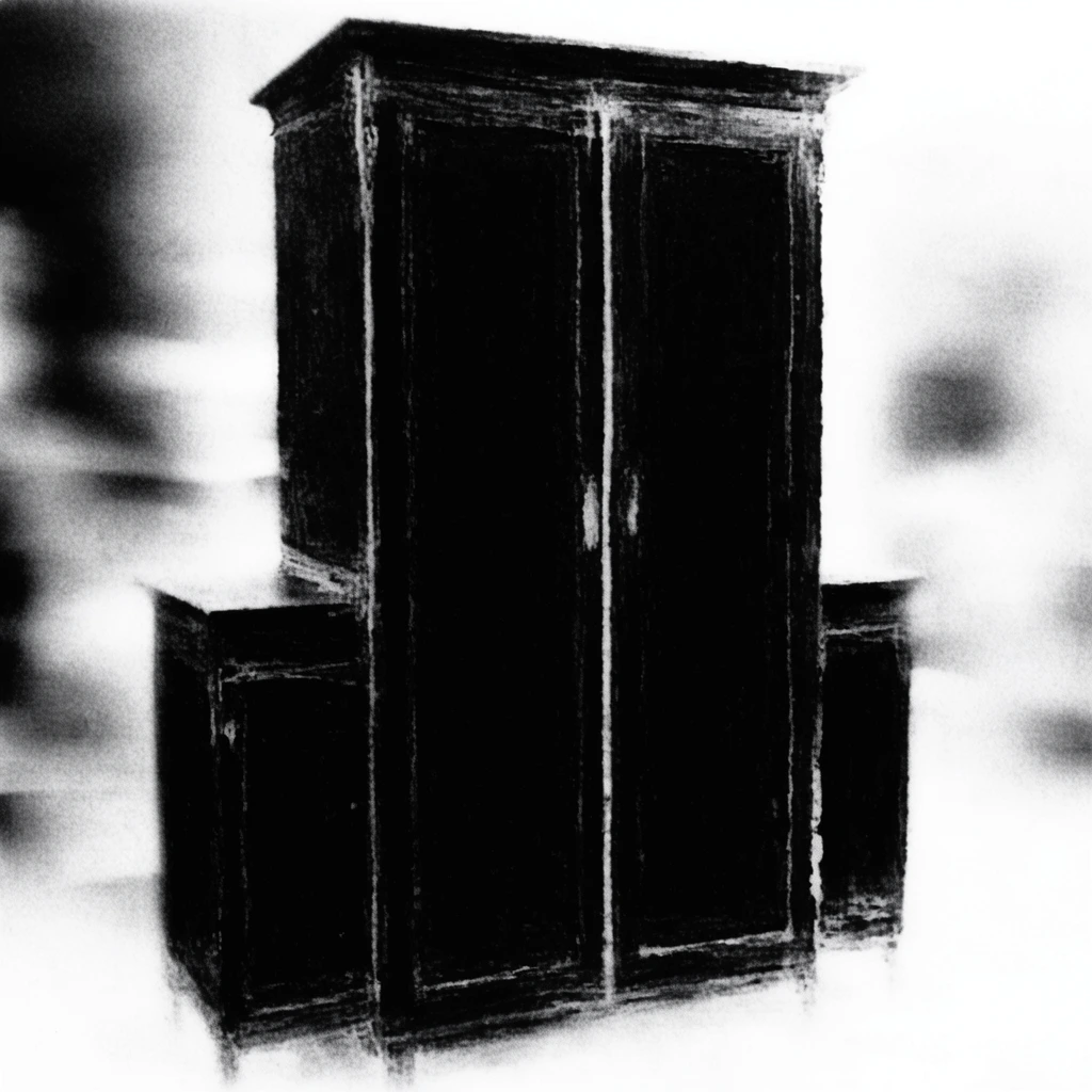 A stark, high-contrast monochrome depiction of a tall cabinet with two front doors and distinct side extensions, rendered in a heavily textured, lo-fi aesthetic. The towering furniture piece dominates the center, its central doors and lateral compartments forming dense, pure black silhouettes with rough, scratchy textures detailing its vertical and horizontal structural edges. The cabinet is grounded within a completely blown-out, overexposed environment where blurred, smudged gradients bleed outward into the brilliant white surroundings. The visual execution relies on an extreme monochromatic palette with intense, gritty film grain, mimicking the chalky, high-exposure look of photocopy art or harsh lithography. Deep, inky blacks aggressively contrast with the ethereal, glowing white negative space, emphasizing extreme tonal polarization and a raw, distressed photographic quality.