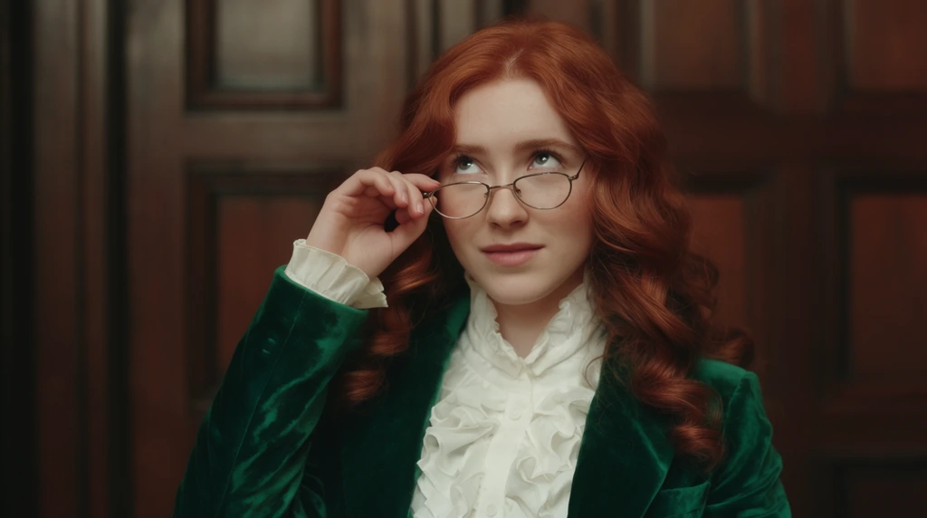 young woman with long wavy red hair, emerald green velvet blazer, white ruffled blouse, looking upwards thoughtfully, adjusting wire-rimmed glasses, soft focus dark wood paneled interior, cinematic lighting, shallow depth of field