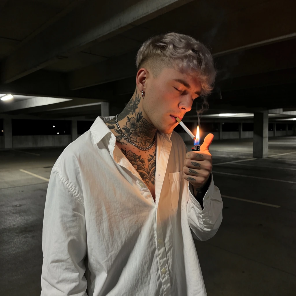 A young man with light blonde, wavy hair and shaved sides stands in a dimly lit parking garage, lighting a cigarette. He is captured from the waist up, angled towards the right, with his eyes closed and his head slightly tilted down. He has several tattoos, including a small design near his left temple and a large, intricate black ink floral pattern covering his entire neck and upper chest. He wears an oversized white button-down shirt that is partially open, a thin silver chain necklace, and a small silver hoop earring. In his right hand, he holds a lighter that emits a bright orange flame, which he uses to light a white cigarette held in his mouth. The orange light from the flame and nearby overhead lamps casts a strong warm glow on his face and the front of his white shirt. The background of the parking garage is dark and rendered in cool teal and blue tones, featuring concrete pillars, a low ceiling with exposed beams, and a blurred circular blue traffic sign. Several out-of-focus orange lights in the distance create a soft bokeh effect and lens flares. The image uses a shallow depth of field to keep the man in sharp focus against the hazy, urban environment, employing a high-contrast color palette of orange and teal for a cinematic effect.