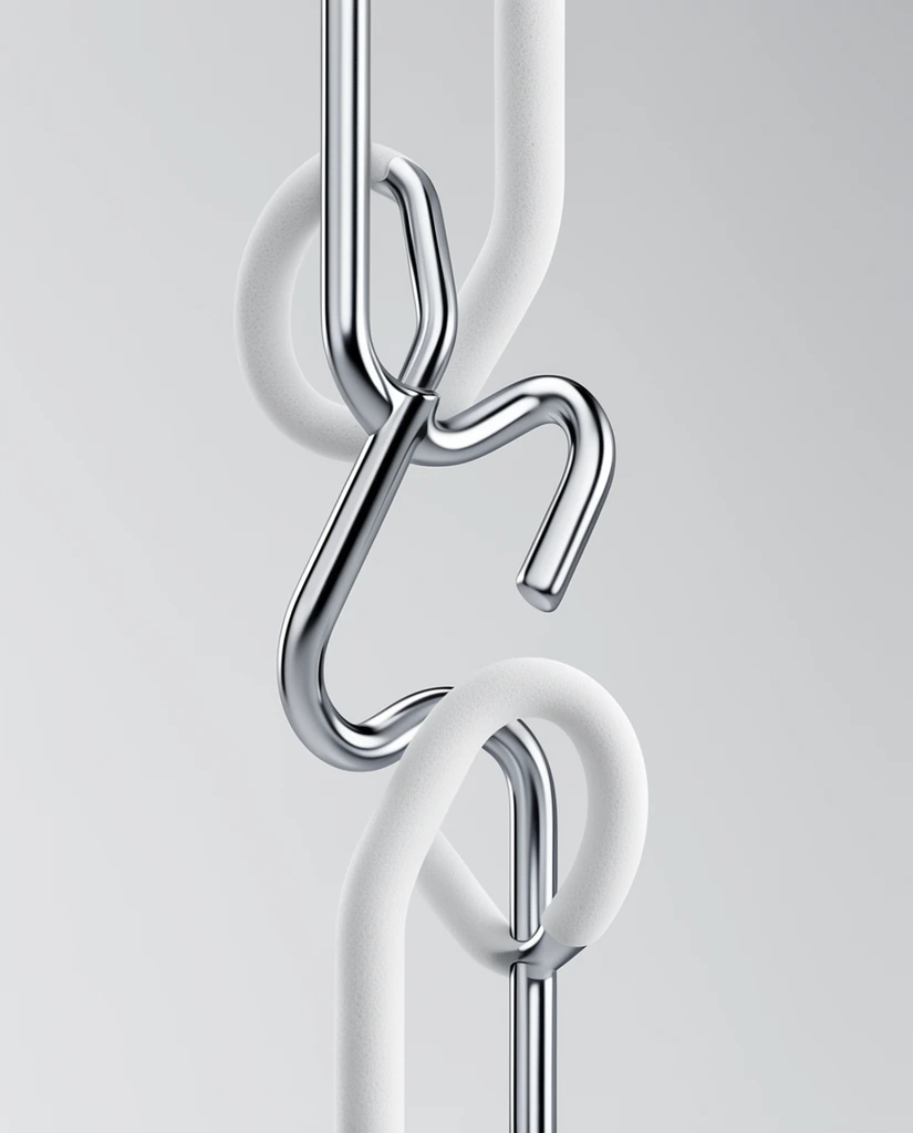 abstract interlocking geometric hardware, contrasting polished chrome and matte white porous materials, curved hook-like structures and elongated closed loops intertwined, floating vertically against a seamless light gray background, modern minimalist industrial design, macro product photography style, photorealistic 3D render, soft diffused studio lighting, crisp metallic reflections