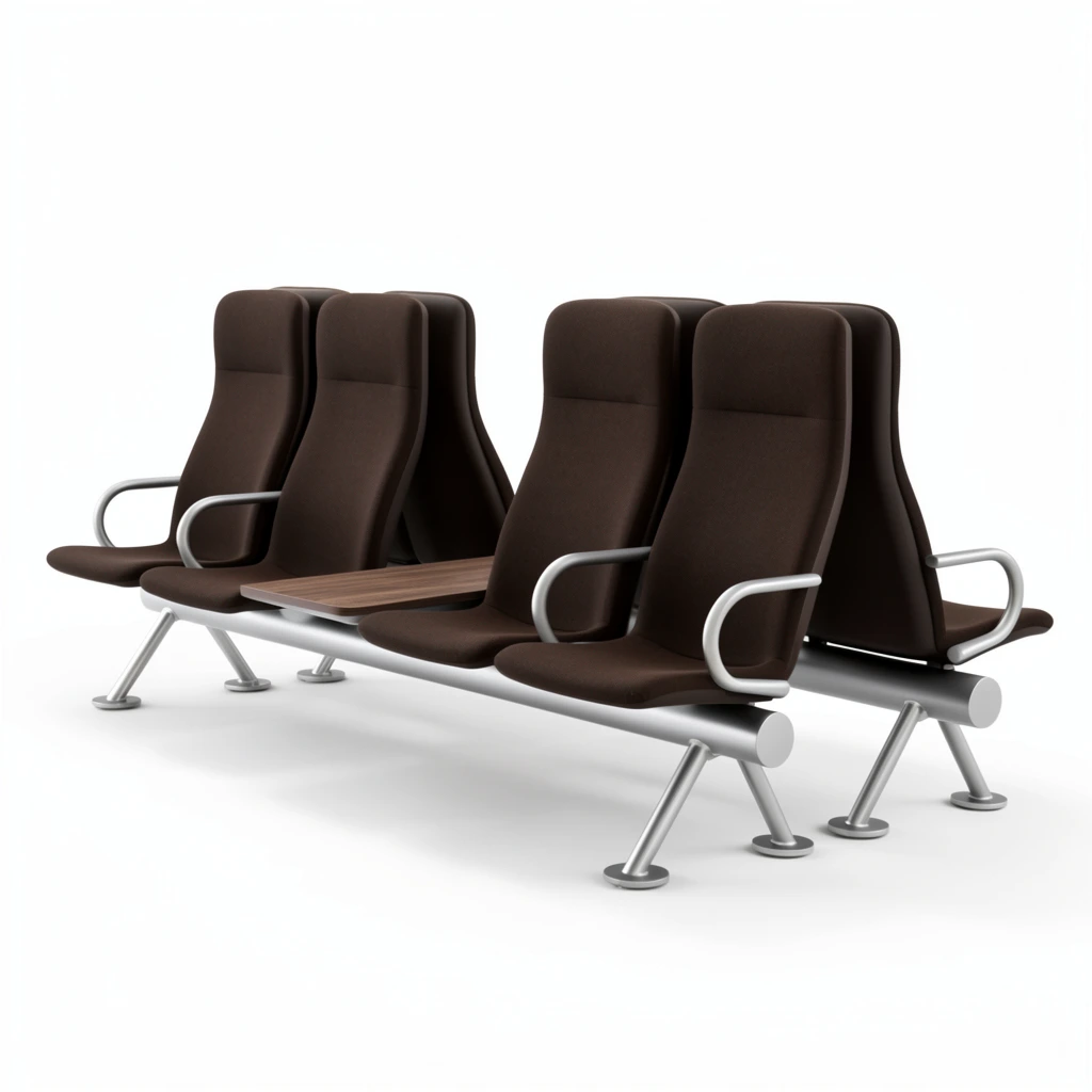 A modular bank of back-to-back public seating isolated on a pure white background. The front row consists of ergonomically curved, dark brown upholstered seats and tall backrests, interrupted by a flat rectangular wood-grain table insert integrated directly into the sequence. A thick cylindrical silver metal beam spans the length beneath the seats, supported by angled tubular metal legs terminating in flat circular disc feet. Silver metal closed-loop armrests divide the individual chairs. Soft, diffused drop shadows anchor the sleek furniture assembly to the blank floor.