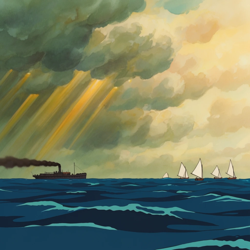 A stylized, painterly seascape featuring a dark vintage steamship and small sailboats navigating rolling, deep blue ocean waves. On the left horizon, the steamship's single smokestack emits a thick, horizontal plume of dark smoke. To the right, four small boats with crisp white triangular sails glide along the waterline. The sky above is a dramatic expanse of voluminous clouds rendered with watercolor-like brushstrokes. Heavy, greenish-gray storm clouds on the left are pierced by striking diagonal golden sunbeams. Towards the right, the sky shifts into warm, luminous tones of pale yellow and cream. The ocean is depicted with distinct, illustrative layering of dark blue water and lighter cyan wave crests, establishing an atmospheric aesthetic reminiscent of traditional 2D animation backgrounds.