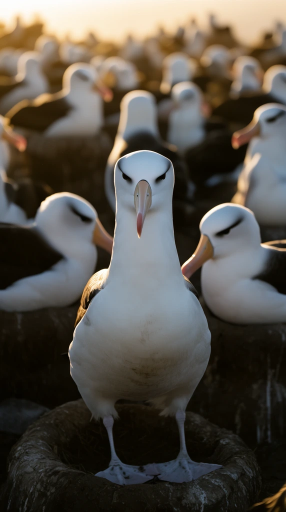 central black-browed albatross facing camera, white plumage with dark eye markings, standing on dark rocky terrain, dense nesting colony, out-of-focus flock of birds in background, golden hour backlighting, warm rim light, cinematic wildlife photography, telephoto depth of field