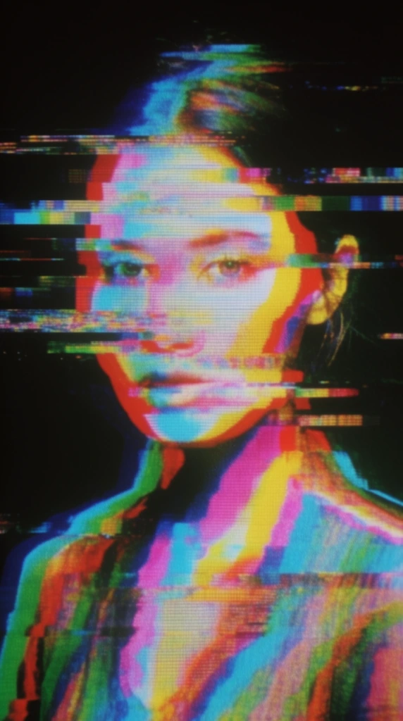 A single woman from the chest up facing forward, deeply distorted by severe analog video glitch effects and CRT scanlines. She is positioned centrally, looking straight ahead, with her facial features and upper torso heavily fractured by extreme horizontal chromatic aberration. This distortion separates her silhouette into jagged, overlapping layers of neon cyan, hot magenta, electric yellow, and vivid green. A dense overlay of prominent horizontal scanlines and an RGB sub-pixel matrix covers her figure, simulating a low-resolution cathode-ray tube monitor. Thick horizontal bands of smeared pixels, digital block artifacts, and VHS tracking errors displace sections of her head and shoulders laterally across the frame. The deeply saturated, glowing subject sits against a solid black background. The lighting reproduces the harsh, artificial luminescence of a phosphor screen, resulting in a high-contrast, low-fidelity aesthetic defined by aggressive color bleeding, raw digital decay, and intense video signal interference.
