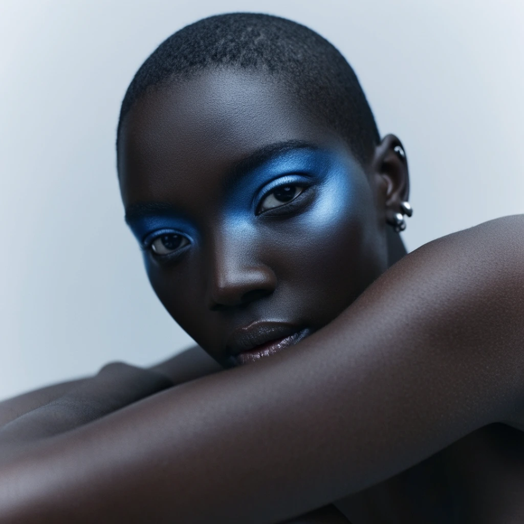 A close-up editorial beauty portrait of a person with deep dark skin and a short buzz cut, gazing intensely into the lens. Striking metallic blue eyeshadow sweeps dramatically across their eyelids and upper cheekbones, complementing a subtle sheen on their lips. Small silver earrings adorn their left ear. Bare arms are crossed in the foreground, framing the lower face, with the prominent right arm slightly blurred by a shallow depth of field. Soft, diffused cool-toned studio lighting creates smooth highlights on the skin against a minimalist light grey seamless backdrop.