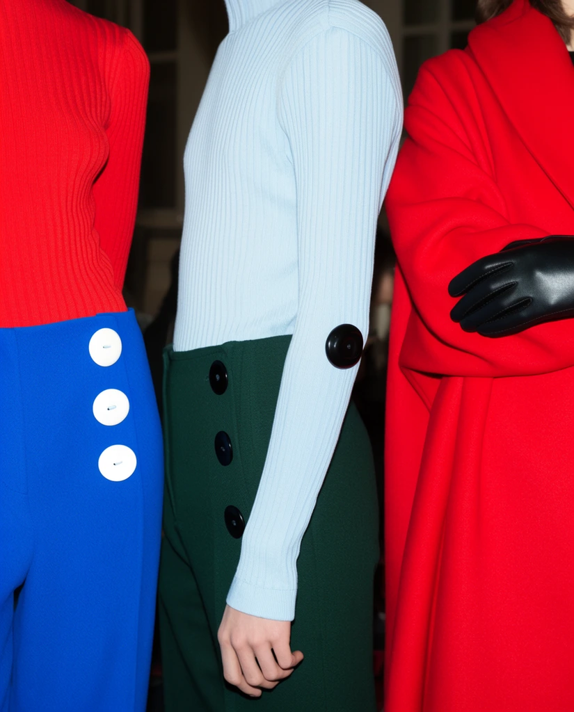 A waist-level shot of three figures in striking color-blocked garments under stark flash photography. The left person pairs a red ribbed top with electric blue trousers featuring oversized white circular buttons. The center figure wears a pale blue ribbed shirt with a black elbow button, tucked into dark green pants with matching black buttons. On the right, someone in a voluminous red coat crosses their black-gloved arms. The tight composition highlights textured knits, geometric accents, and bold hues against a dim, blurred background.
