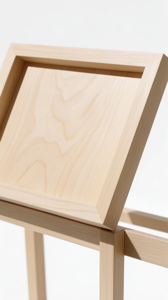 A tight, high-angle close-up of minimalist light blonde wooden furniture against a seamless bright white background. A rectangular panel displaying smooth, wavy wood grain is encased within a thick, straight-edged frame. This upper section tilts backward at an acute angle, resting above a horizontal cross-beam supported by straight square legs. Harsh, direct lighting casts crisp geometric shadows from the tilted top onto the lower supports. The clean joinery emphasizes structural lines, while a shallow depth of field gently softens the lower legs.