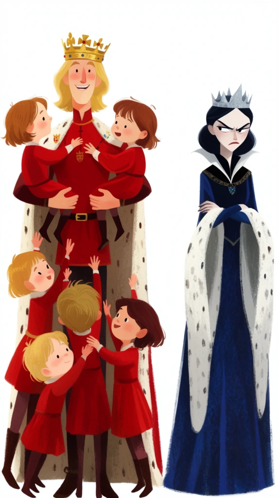 A cheerful blonde king surrounded by five playful children stands beside a scowling dark-haired queen in a stylized 2D illustration against a pure white background. The king wears a gold crown, red tunic, and an ermine cape, smiling warmly while holding two children as three others in matching red outfits eagerly reach for him. To the right, the pale queen wears a dark blue gown with massive ermine sleeves and a silver crown, her arms tightly crossed as she glares sideways. The artwork features painterly textures, elongated character proportions, and a stark visual contrast between the warm reds of the joyful family and the cool blues of the isolated queen.