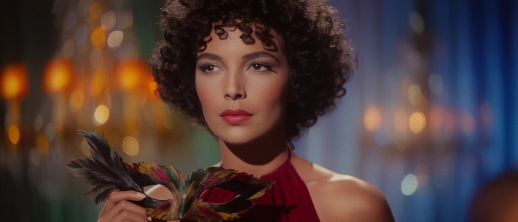 A woman with tight dark curls and a ruby red halter top gazes off-camera while holding a feathered mask. Soft spotlighting illuminates her against a backdrop of heavily blurred, glowing amber and blue bokeh lights. The cinematic composition features a vintage film aesthetic with rich saturated colors, a shallow depth of field, and the smooth soft-focus effects of classic studio portraiture.