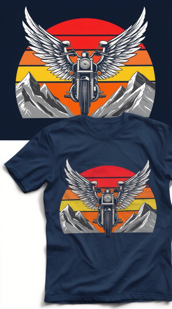 A split image displaying a vintage-style graphic and its mockup on a short-sleeved navy blue t-shirt. The core illustration features a front-facing motorcycle equipped with detailed, outstretched white feathered wings. It is superimposed over a circular sunset composed of thick horizontal stripes in red, orange, and yellow. Stylized, jagged gray mountain peaks with crisp white highlights border the lower edges of the striped circle. On the right, the naturally wrinkled t-shirt rests on a pristine white surface with soft shadows, showcasing the identical winged motorcycle emblem printed centrally on its chest area.