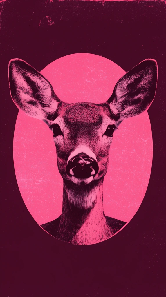 front-facing doe portrait with a sharp horizontal chest cutoff, duotone bright pink and dark maroon palette, distressed vintage screen-print texture, centered in a solid pink oval, dark maroon background, high contrast graphic design
