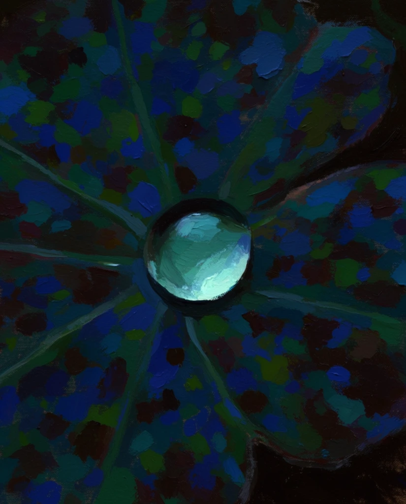 A single round water droplet resting near the center of a speckled, veined surface, rendered as a moody, expressive oil painting with thick impasto brushstrokes. The central droplet catches a brilliant, luminescent pale aqua-cyan highlight, contrasting sharply against the surrounding dark tones. The underlying surface features rough, visible dabs and broad painterly strokes of rich navy blue, dark teal, emerald green, and deep shadowy brown to form its organic speckles and veins. The nocturnal, low-key lighting creates a high-contrast atmosphere, emphasizing the glowing, vibrant highlight reflecting off the water's curvature. The artwork features a prominent rough canvas texture and heavily applied, distinct raw oil paint, resulting in a slightly flat, stylized composition dominated by saturated jewel tones and dense, absorbing shadows.
