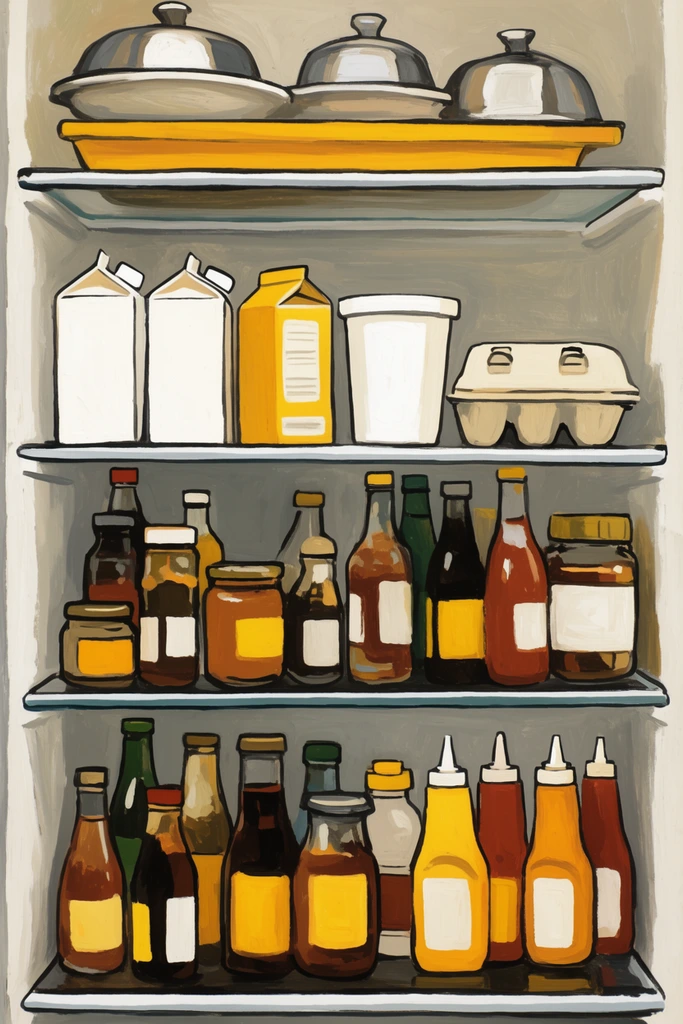 A painterly still life of an organized refrigerator interior spanning four horizontal shelves against a muted gray background. The top yellow tier displays silver domed dishes. The second shelf holds milk cartons, a yellow box, a white tub, and an egg carton. The lower two glass shelves are densely packed with assorted glass bottles, jars, and condiment squeeze bottles bearing blank yellow and white labels. The artwork features flat lighting, bold dark outlines, and expressive brushstrokes in a warm palette of ochre, brown, and white.