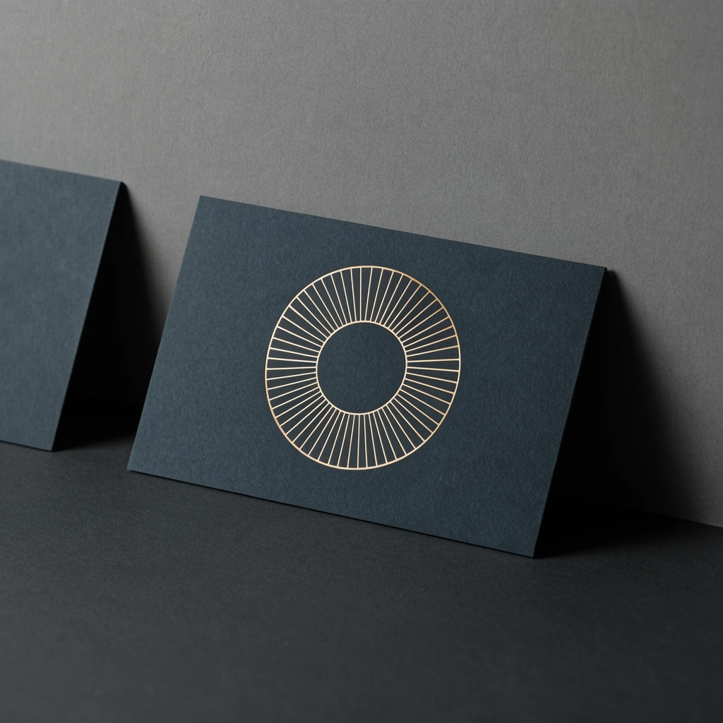 dark slate rectangular cards resting against a subtle grey backdrop on a smooth charcoal surface, elegant soft drop shadows, delicate metallic gold circular geometric emblem resembling a stylized sun with radiant line segments, premium matte paper texture, minimalist architectural composition, sophisticated monochromatic studio lighting