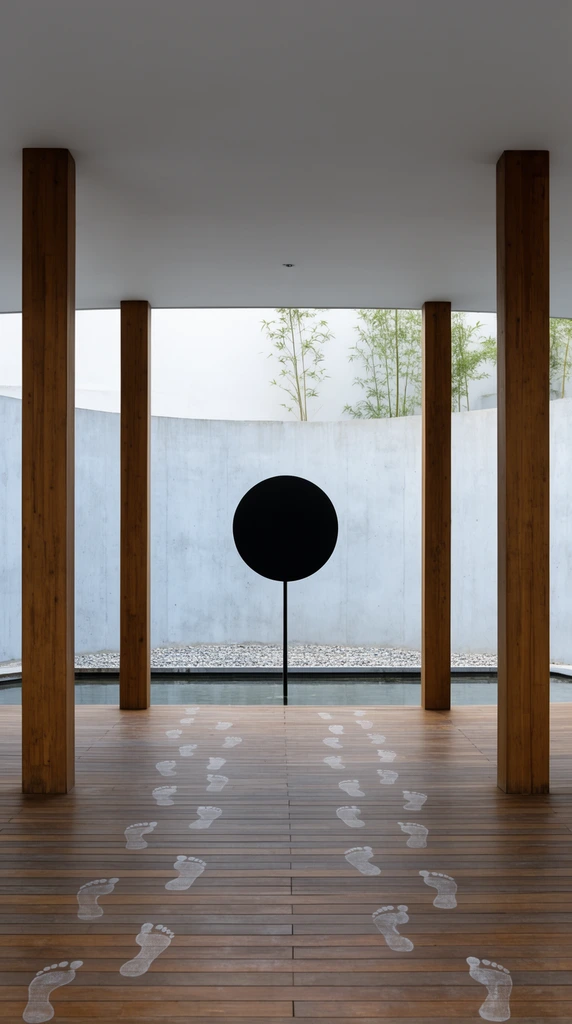 A modern minimalist pavilion featuring a wooden floor marked with rows of faint white footprints. Four thick square wooden pillars support a flat white ceiling, framing a symmetrical outdoor courtyard. Centered in the opening stands a solid black circular disc on a thin vertical pole. Behind it, a narrow reflecting pool borders a pebble bed against a curved light gray concrete wall. A few slender green bamboo stalks rise above the wall under soft natural lighting.