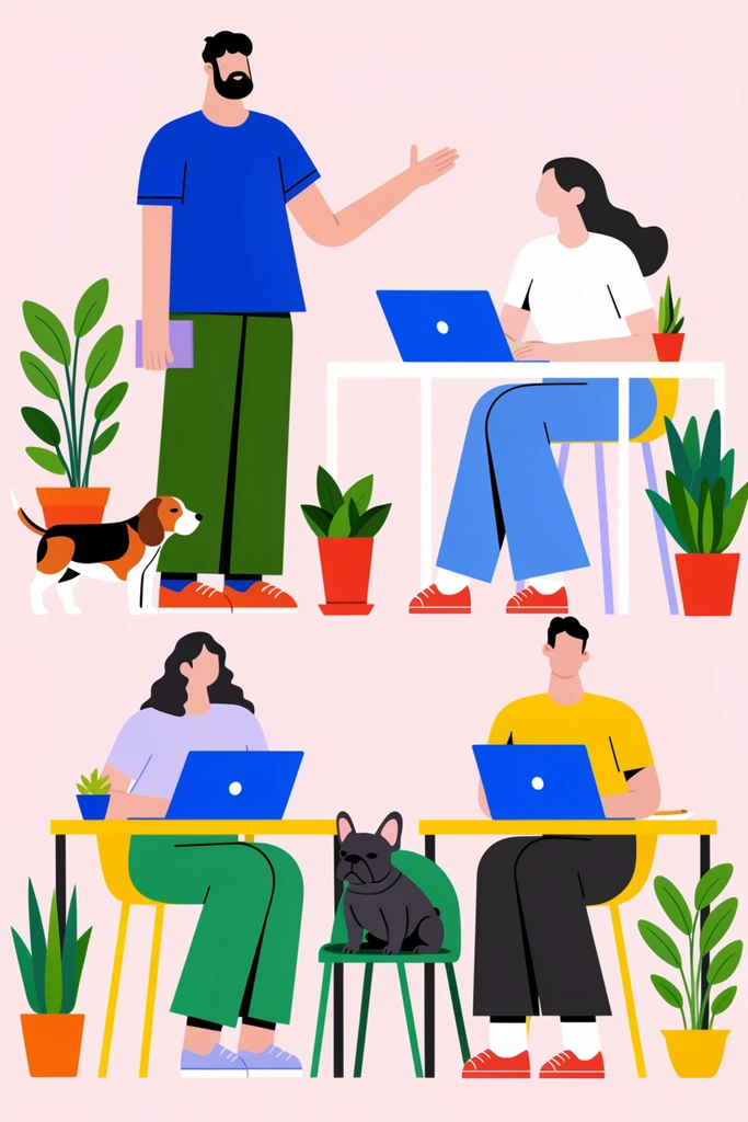 Flat vector illustration of a stylized workspace with four colleagues, two dogs, and numerous potted plants against a pale pink background. A standing bearded man gestures toward a woman at a white desk, while two others use blue laptops at yellow desks. A beagle stands nearby, and a French bulldog rests on a green chair. The artwork emphasizes exaggerated proportions, solid vibrant color blocking, minimal facial details, and zero shading.