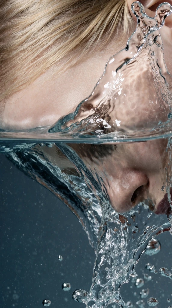 A striking macro photograph capturing a dramatic splash against a pale human face partially submerged in a dark blue pool. Sweeping blonde hair curves diagonally across the upper left above a distinct horizontal waterline. A thick, glassy surge of clear water violently splashes upward, obscuring the upper face with amorphous, refractive fluid shapes. Below the surface, the nose and mouth are visible through the liquid's optical distortion. Crystalline water droplets cascade downwards while tiny illuminated air bubbles remain suspended in the murky blue-grey depths. High-speed photography freezes the chaotic motion, highlighting the glossy textures of the water against soft skin tones. The tight crop emphasizes the visceral interplay between organic features and complex fluid dynamics.