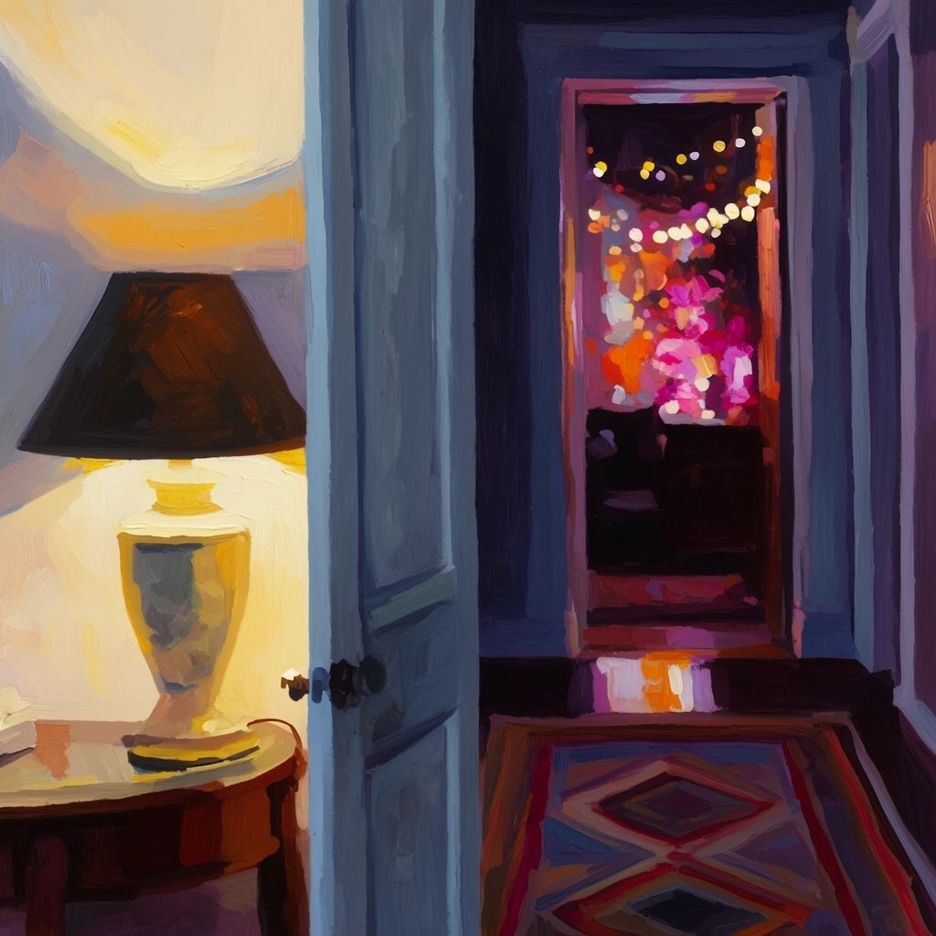 An impressionistic oil painting of a layered interior scene split vertically by a partially open blue-grey door. On the left, a table lamp with a dark conical shade casts a warm yellow glow against a pale wall. To the right, a shadowed hallway with a geometric patterned rug leads to a distant, recessed doorway. Inside this far room, vibrant dabs of magenta and orange mingle with the soft bokeh of string lights. The composition relies on thick, expressive brushstrokes and bold color blocking, contrasting cool blue and deep purple corridor shadows against the inviting warmth of the isolated light sources.