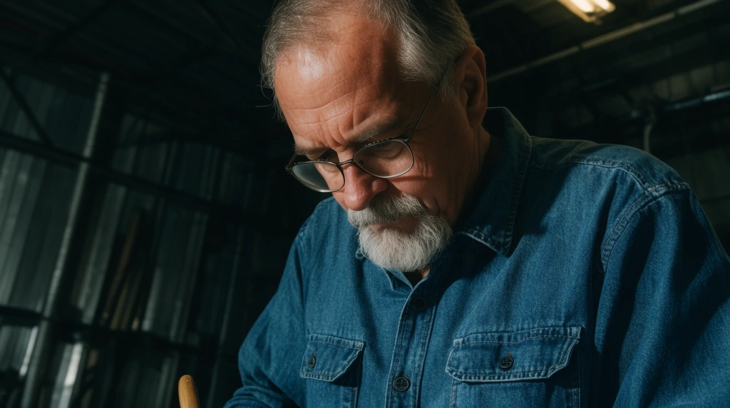 older male craftsman with gray goatee and glasses, blue denim shirt, focused downward, dark industrial metal workshop background, dramatic high-contrast lighting, shallow depth of field
