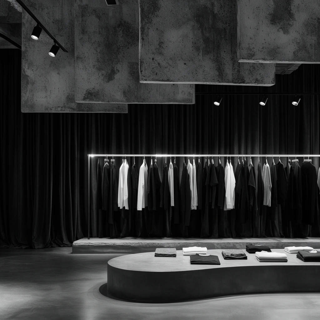 Black and white minimalist retail store interior, suspended textured concrete panels, heavy dark curtains, low curved display podium, illuminated clothing rack, smooth floor, dramatic track lighting, moody brutalist atmosphere