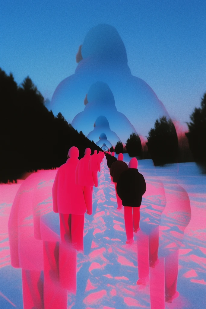 Two smooth-surfaced figures walk away down a stark snowy path lined by solid black trees at the edges of an open field, framed by a surreal, infinite recursive Droste effect. The composition utilizes a striking, high-contrast palette of hyper-vibrant neon pink, stark deep black, and a vivid cerulean blue sky. The receding figures and the path are visually nested inside larger, translucent layered silhouettes that repeat and scale down recursively into the distant vanishing point. The stylized snow reflects intense neon pink geometric highlights contrasting heavily with the flat, dark tree lines. The scene features soft, artificial lighting that produces smooth color gradients and sharp color blocking, finished with a heavy vintage film grain texture and a composite double-exposure rendering technique.