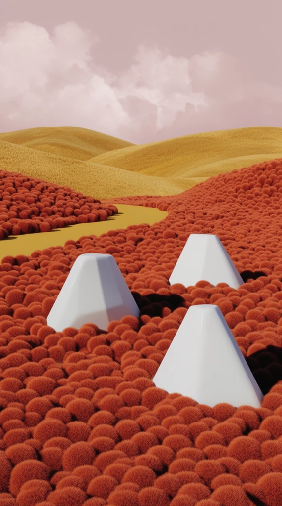 A surreal 3D rendered landscape features pristine white geometric structures nestled within rolling hills of densely packed, plush reddish-orange vegetation. Three smooth, stark white faceted forms shaped like soft-edged pyramids sit among a vast field of uniform, fuzzy spherical tufts. A flat, winding mustard-yellow path carves through the textured rust-colored ground cover, leading towards undulating golden hills in the distance. Deep, sharp shadows fall from the white structures across the fuzzy terrain under strong directional sunlight. A pale, dusty pink sky holds soft, voluminous clouds, contrasting with the hyper-textured, velvety ground. The stark juxtaposition of mathematically smooth white geometry against the organic, densely tufted biome creates a highly tactile and minimalist visual experience.
