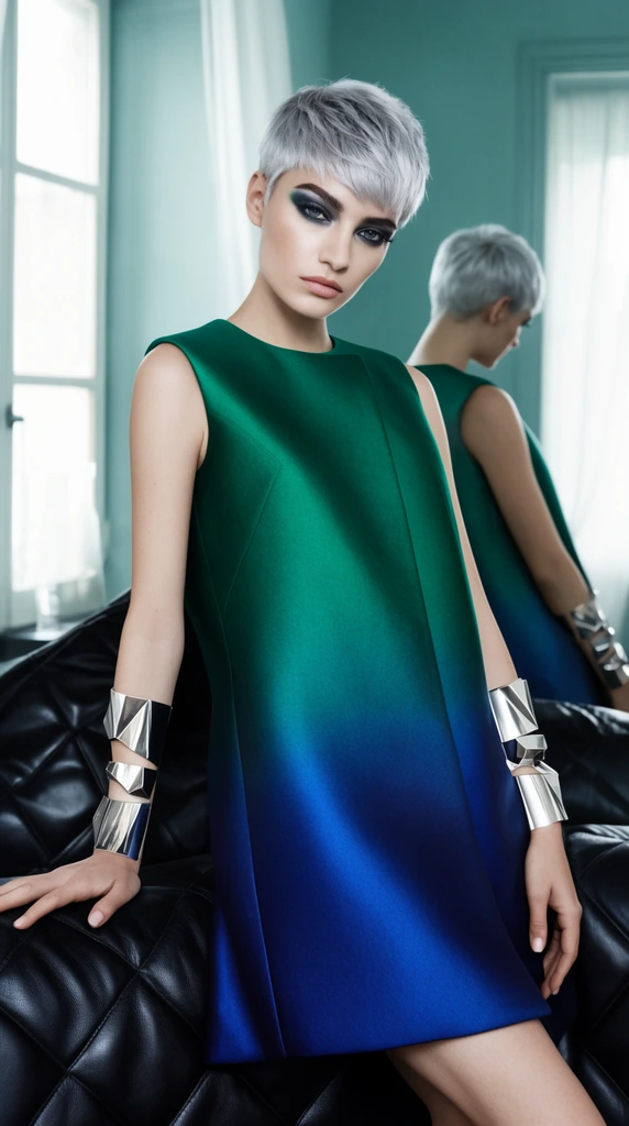 fashion editorial portrait, striking woman with a short silver pixie cut, sleeveless emerald and sapphire gradient structured tunic, thick silver geometric arm cuffs, arm resting elegantly on a black quilted leather sofa, dramatic smokey eyeshadow, background mirror reflecting her profile, bright diffused window light, muted teal walls, sharp focus