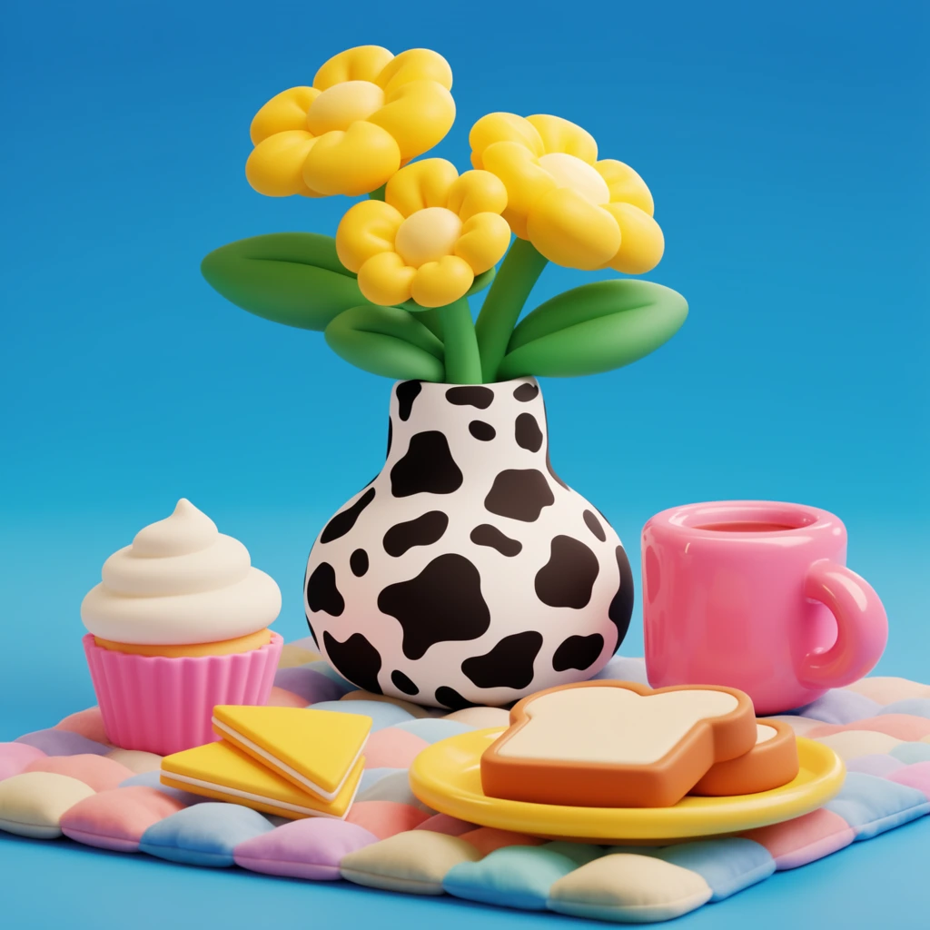A stylized 3D-rendered still life features a bulbous cow-print vase holding three bright yellow flowers with thick green leaves, set against a seamless bright blue background. The vase rests on a puffy, pastel-quilted mat alongside a glossy pink mug. To the left, a pink cupcake with white frosting sits beside two flat yellow triangular slices. In the foreground, a yellow plate holds two thick slices of cartoonish toast. The composition highlights smooth clay-like textures, soft even lighting, bold contrasting color blocking, and cheerful exaggerated geometric proportions.