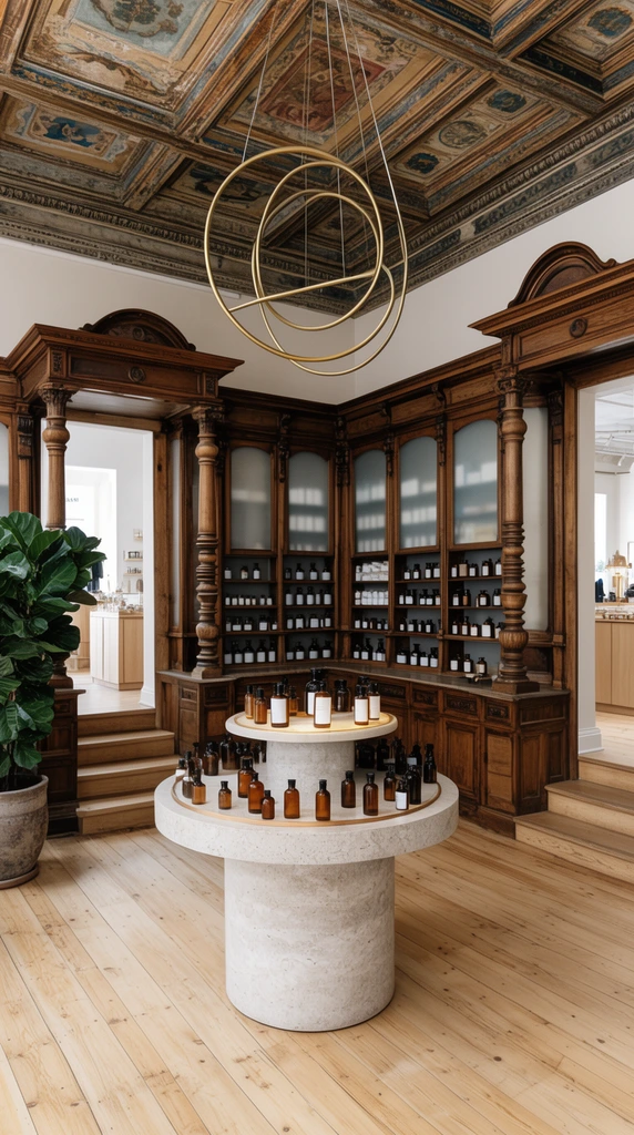historic retail interior, central circular stone display table with amber glass bottles, intricate dark wood apothecary cabinetry with frosted glass panels, tall turned wooden columns, decorative coffered ceiling with painted panels, modern overlapping brass wire ring chandelier, wide plank light natural wood floors, large potted plant, open doorways with steps leading to bright adjoining rooms, warm earthy tones, balanced composition, interior architectural photography