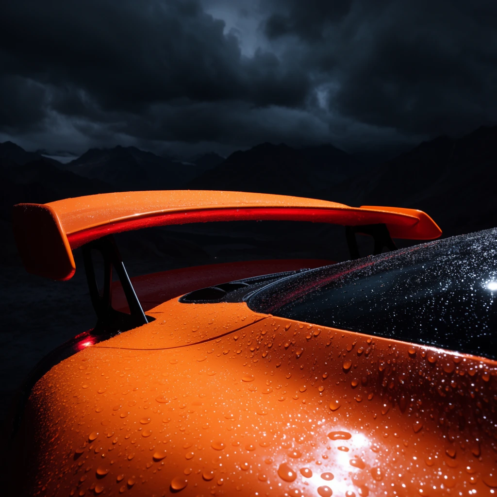 vibrant orange sports car rear close-up, prominent aerodynamic spoiler on black struts, glossy surface drenched in highly reflective water droplets, sloping dark rear window, subtle red glow under the wing lip, dramatic low-key lighting, bright specular highlights, dark moody sky with heavy storm clouds, distant rugged mountains in deep shadow, cinematic automotive photography, high contrast