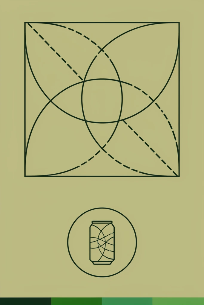 minimalist flat vector design, dark green monoline geometric graphics on a light olive green background, a square frame containing intersecting circles and curves with dashed-line patterned segments, a circular emblem enclosing a stylized cylindrical beverage can outline patterned with matching intersecting curves, dark green and medium green color palette blocks along the bottom edge, clean abstract composition