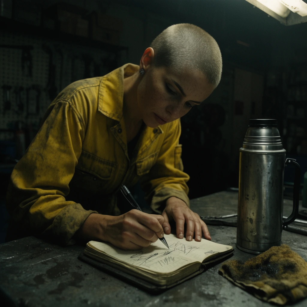A rugged woman with a buzz cut leans over a scarred metal workbench, sketching in a worn notebook. She wears a faded yellow mechanic's jumpsuit in a dimly lit workshop. A dented steel thermos and an oily rag sit nearby under harsh overhead lighting. Deep shadows obscure the background pegboards. The composition features a gritty, cinematic 35mm film style with low-key illumination and muted, earthy tones.