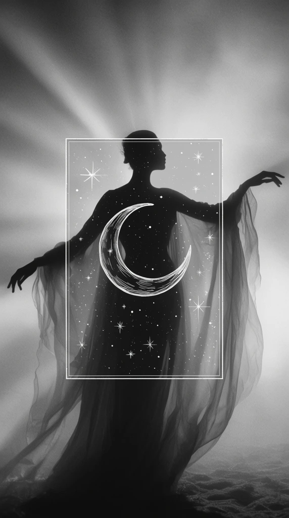 monochrome ethereal collage, silhouetted figure in flowing robes with gracefully outstretched arms, hazy dramatic backlighting, central rectangular overlay containing a line-art crescent moon and stars, seamless blending of the photographic and illustrated silhouettes