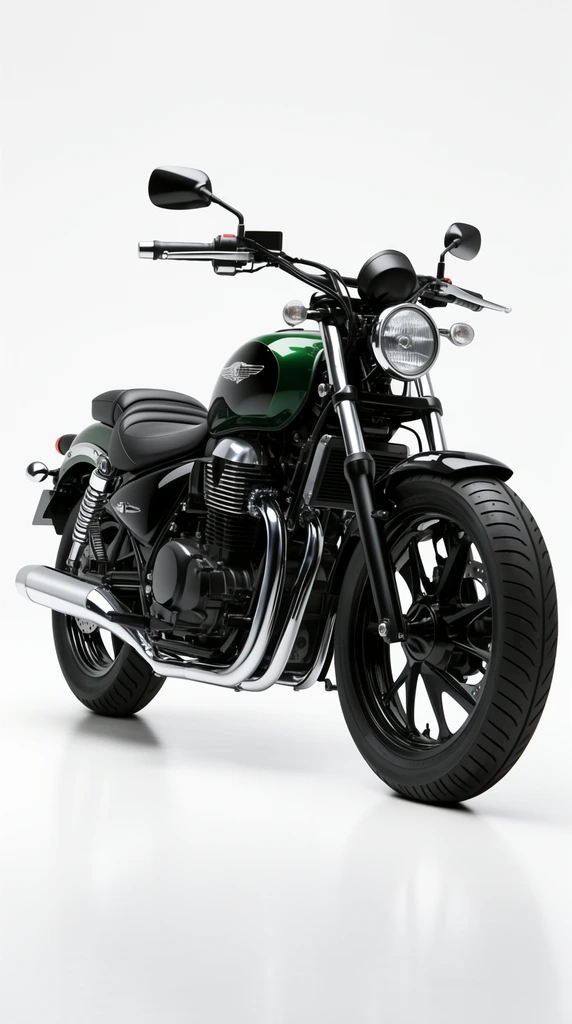 classic cruiser motorcycle, three-quarter front view, dark green and black glossy finish, chrome exhaust pipes, exposed engine, round headlight, wide handlebars, black alloy wheels, stepped leather seat, pristine white seamless studio background, subtle floor reflection, high contrast product photography, sharp focus