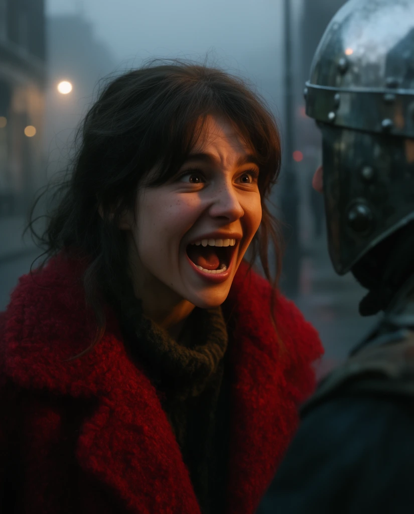 young woman with an intense manic expression, thick red wool coat, looking at a partially visible figure in a silver helmet, foggy twilight urban street, cinematic close up, warm facial lighting