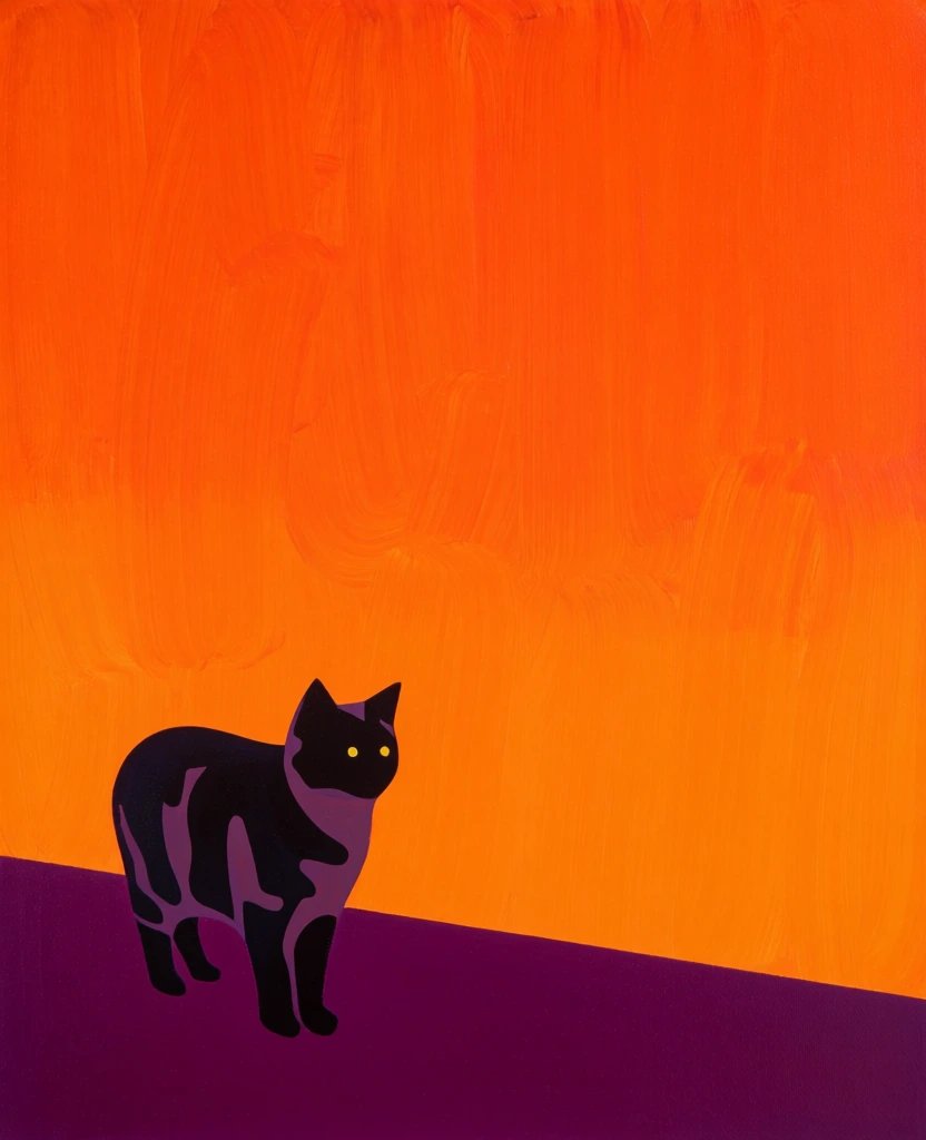 oil on canvas with heavy linen texture, minimalist color field composition, saturated cadmium orange to amber vertical gradient background, flat deep ultramarine purple foreground plane, stylized silhouette of a cat featuring simplified high-contrast graphic fur patterns, hard-edged minimalist forms, pinpoint luminous yellow accents for eyes, liminal atmospheric mood, bold saturated palette, visible paint impasto at edges, graphic surrealist folk art style, expansive negative space