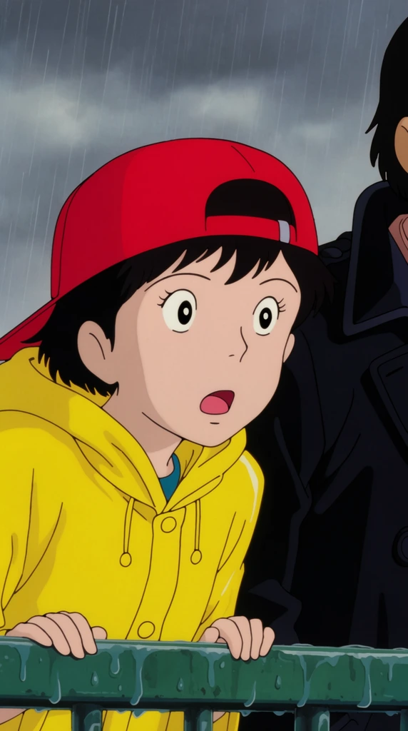 young girl with short black hair, wide-eyed surprised expression, leaning forward over a wet green metal railing, wearing a bright yellow rain slicker and a red backwards baseball cap, partially visible companion in a black trench coat on the right side, background of an overcast grey sky with heavy rain falling, classic 2D cel animation style, flat colors, crisp clean line art, retro anime aesthetic, cinematic framing, close-up shot, vivid contrast