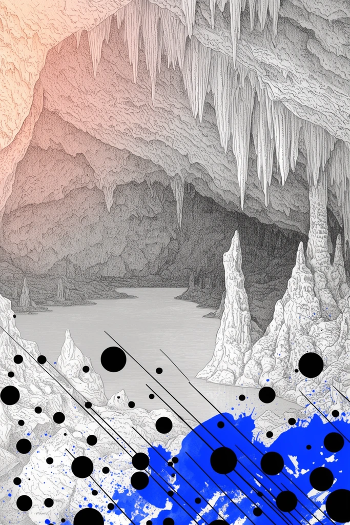 A detailed line-art illustration of a subterranean cave and underground lake, punctuated by surreal abstract overlays. Sharp stalactites hang from the ceiling above jagged stalagmites and a calm, pale gray pool. The rock walls are rendered with intricate stippling and dense cross-hatching. A soft gradient of warm peach and pale pink illuminates the upper left, transitioning into crisp grayscale on the right. Superimposed across the lower foreground are striking graphic elements: scattered solid black circles of varying sizes, intersecting thin diagonal black lines, and a bold, irregular splash of bright blue pigment, creating a vivid mixed-media juxtaposition.