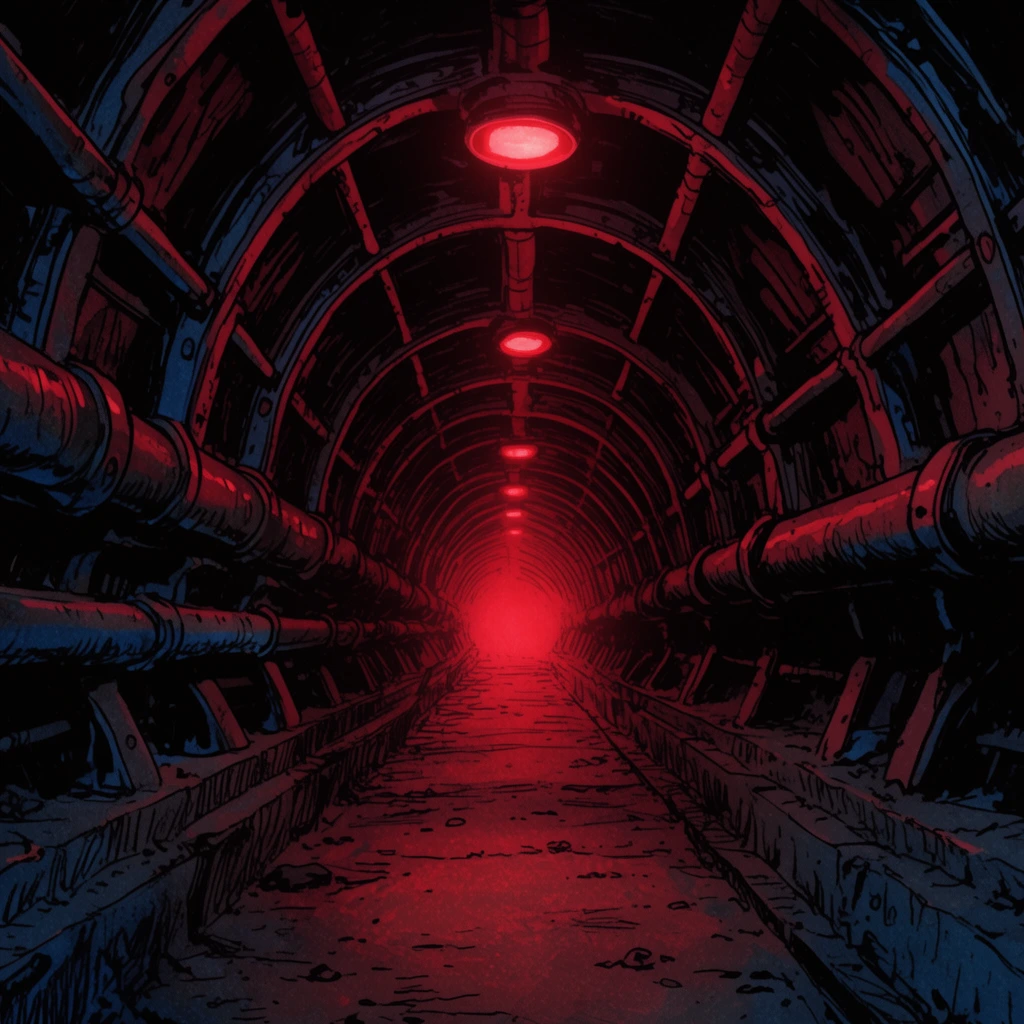 A dark industrial tunnel receding into a glowing red vanishing point. The claustrophobic corridor features repeating arched metal ribs, overhead crimson lights, and thick side pipes along the walls. Rendered in a 2D illustration style with heavy black inking, subtle blue shadow undertones, gritty textures, and a dramatic one-point perspective that emphasizes the high-contrast atmospheric lighting.