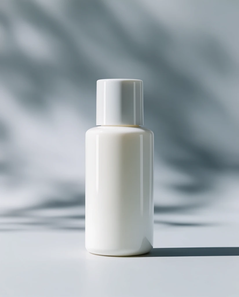 A sleek, glossy white cylindrical bottle stands upright on a smooth pale surface. Soft, dappled leaf shadows cascade across the cool gray background, contrasting with a sharp, dark shadow cast directly to the right. Minimalist product photography.