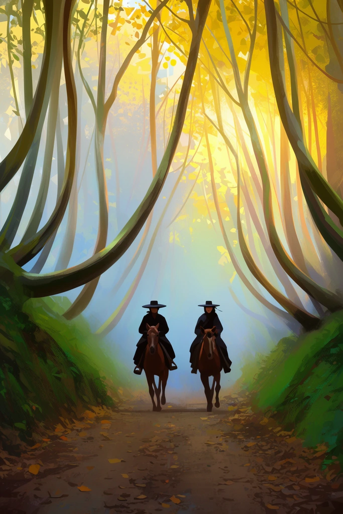 Two figures on horseback ride down a misty forest path framed by sweeping, slender trees. Wearing dark garments and flat wide-brimmed hats, they travel side-by-side on brown horses along a leaf-strewn dirt trail. Curving trunks arch over lush green embankments. Golden sunlight pierces the canopy of yellow leaves, creating a luminous, hazy background that contrasts with the riders' dark silhouettes. Rendered as a stylized digital painting with expressive brushstrokes, soft atmospheric perspective, and a vibrant palette of glowing golds, soft blues, and deep greens.