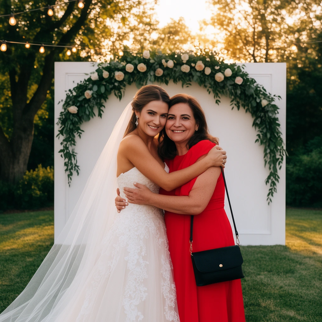 A bride in a strapless white lace gown and tulle veil warmly embraces a smiling woman in a vibrant red dress carrying a black crossbody bag. They stand cheek-to-cheek on a grassy lawn at golden hour. Behind them rests a white backdrop adorned with a sweeping greenery and rose garland, surrounded by tall trees and overhead string lights.