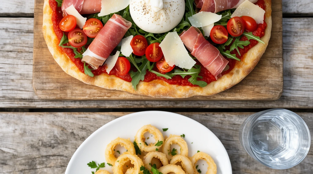 A rustic flatbread topped with red sauce, arugula, prosciutto rolls, halved cherry tomatoes, large parmesan shavings, and a pepper-speckled burrata rests on a wooden board. Below, a white plate holds golden fried calamari rings garnished with parsley. The meal sits on a weathered plank table alongside a glass of water, captured from a bright, top-down angle.