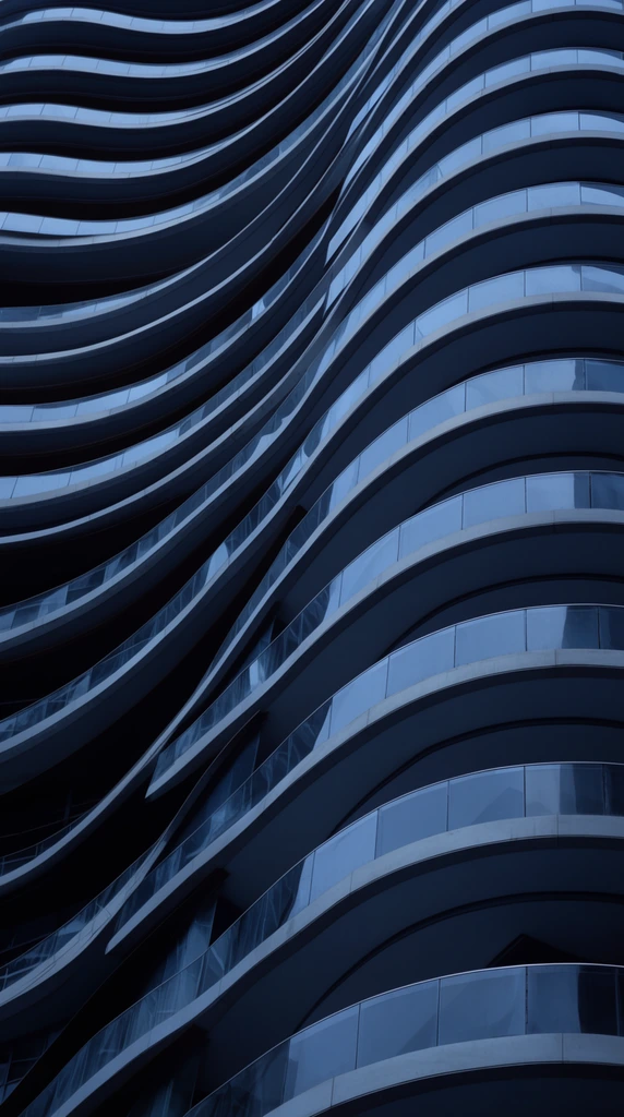 undulating modern building facade, wavy curved balconies, transparent glass railings, repeating architectural ripples, abstract geometric composition, low angle, deep blue and slate gray tones