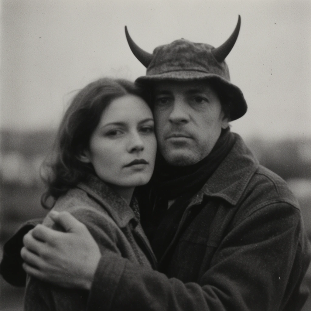 A woman and a horned man embrace, rendered in vintage black and white film photography. The square-format composition features heavy film grain, slight focus softness, and a stark mid-century medium format aesthetic. Flat, overcast lighting creates a broad midtone range with low-contrast shadows. The visual style mimics an unretouched gelatin silver print with deep depth of field and matte grayscale textures.