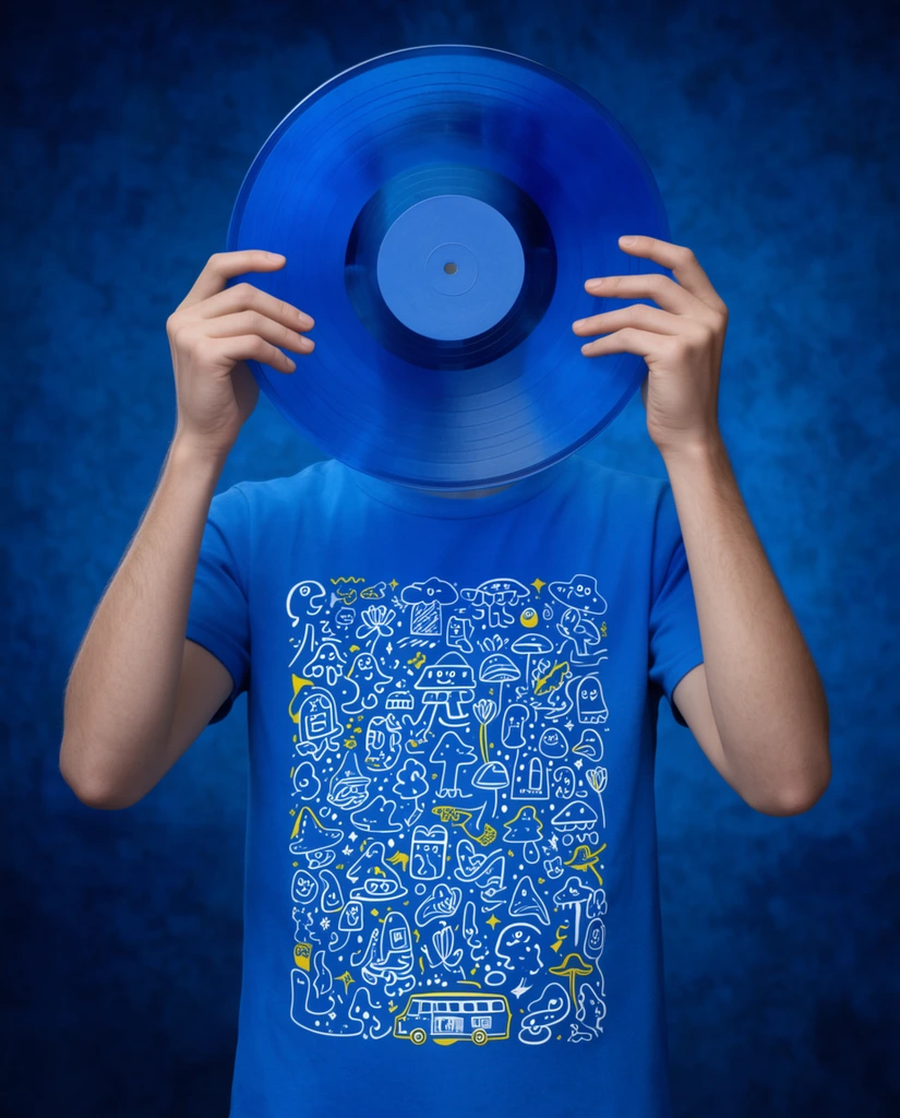 Person obscuring face with a translucent blue vinyl record, blue t-shirt featuring white and yellow doodle illustrations, textured dark blue background, monochromatic blue palette, centered medium shot, soft studio lighting