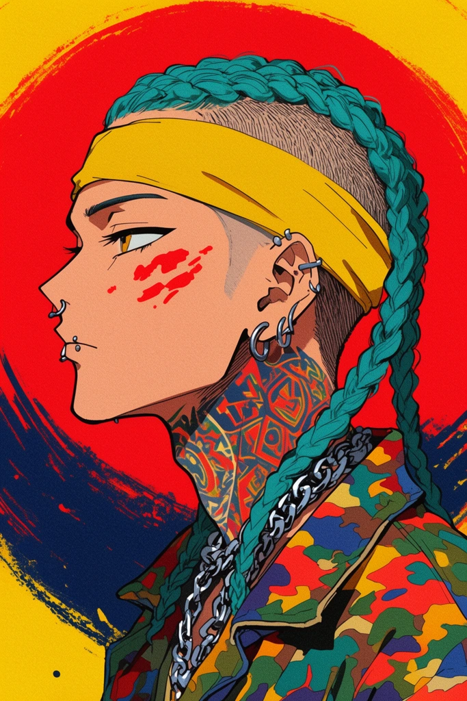 Profile portrait of a person with teal braids, an undercut, yellow headband, and metal facial piercings. Abstract red paint marks their cheek above patterned neck tattoos. They wear a silver chain and colorful camouflage jacket. The background features a bold red circle on yellow with dark blue brushstrokes. Rendered in a retro pop-art anime style with flat colors, heavy outlines, and halftone grain.